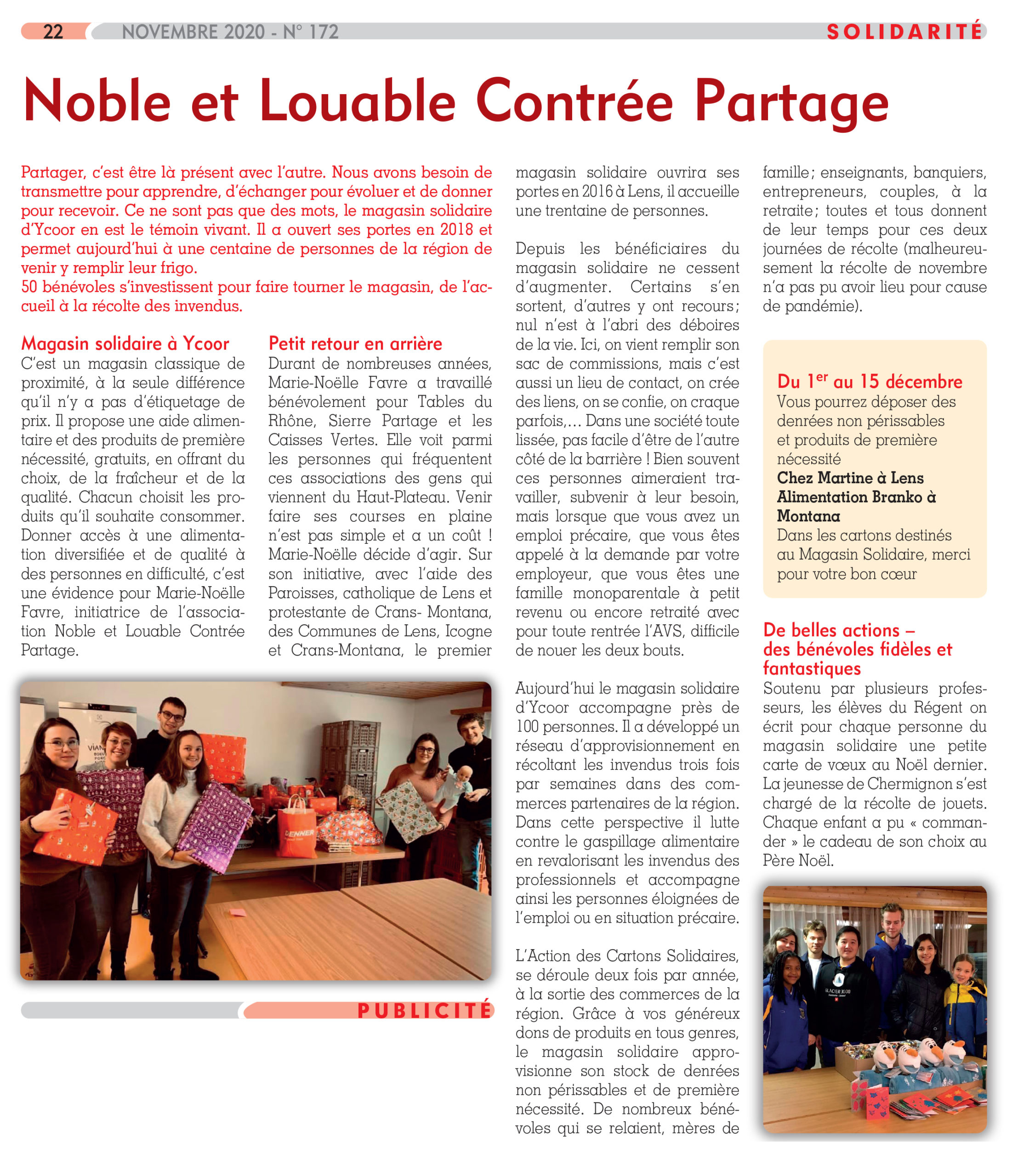 Article Bulletin local N°172 — Noble et Louable Contrée Partage — Novembre 2020