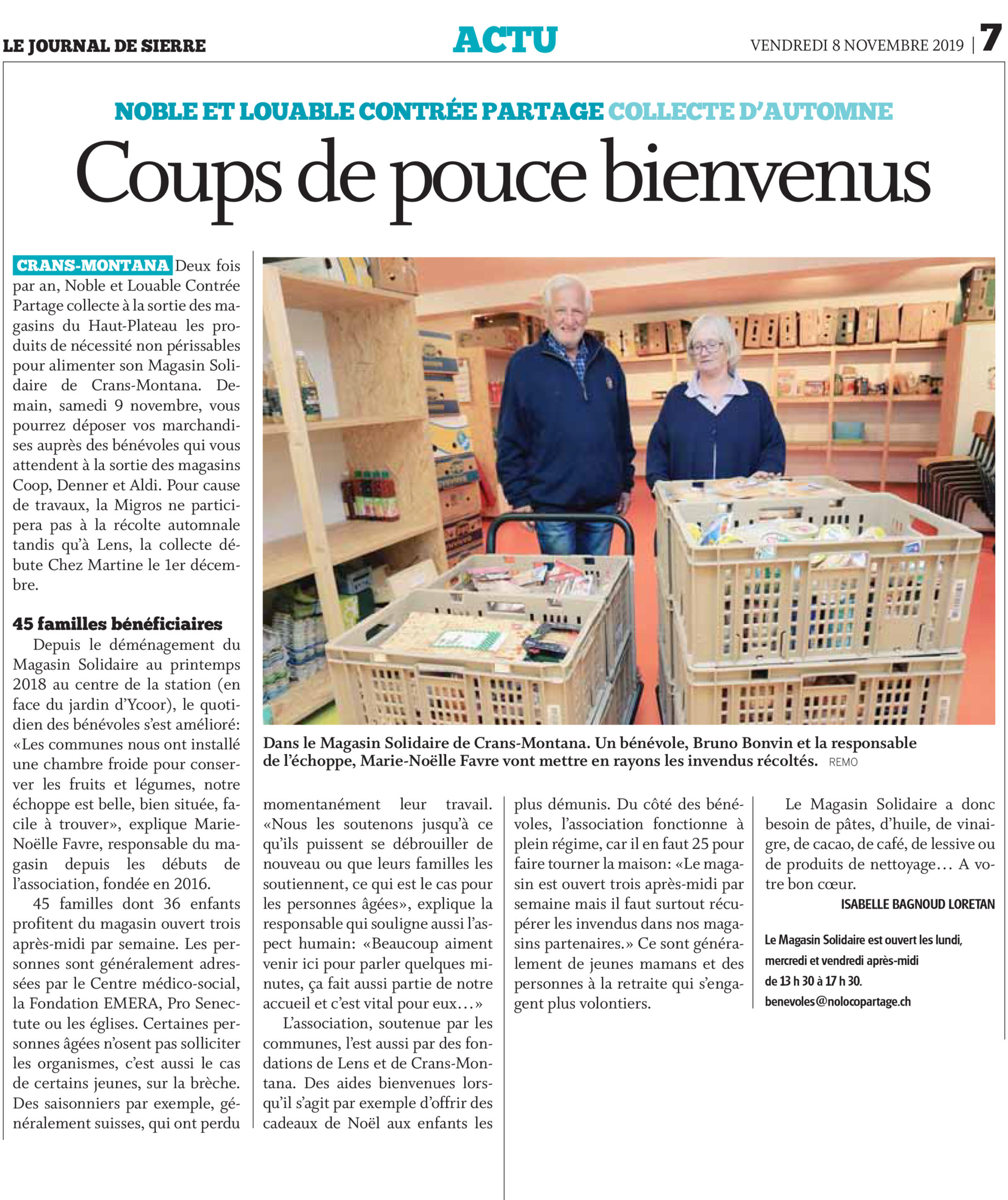 Article en ligne — Magasin Solidaire : récolte de marchandises à la sortie des magasins — 8 novembre 2019