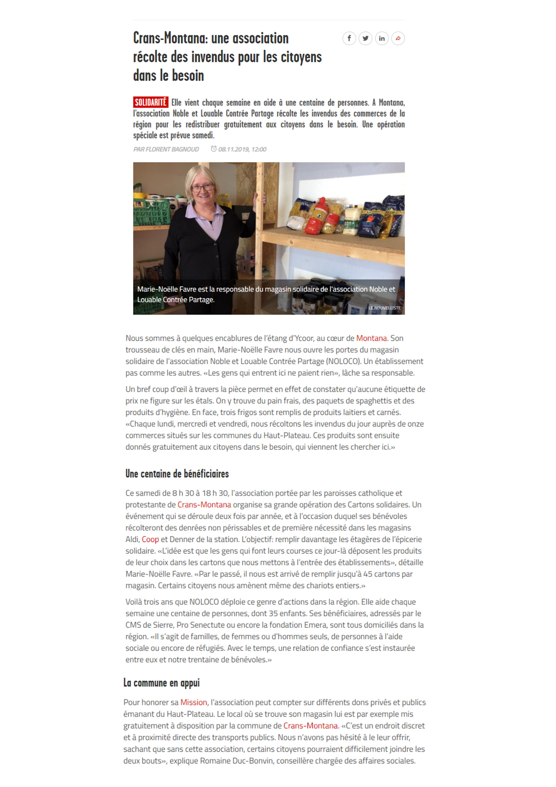 Article Le Nouvelliste — Une association récolte des invendus pour les citoyens dans le besoin — 8 novembre 2019