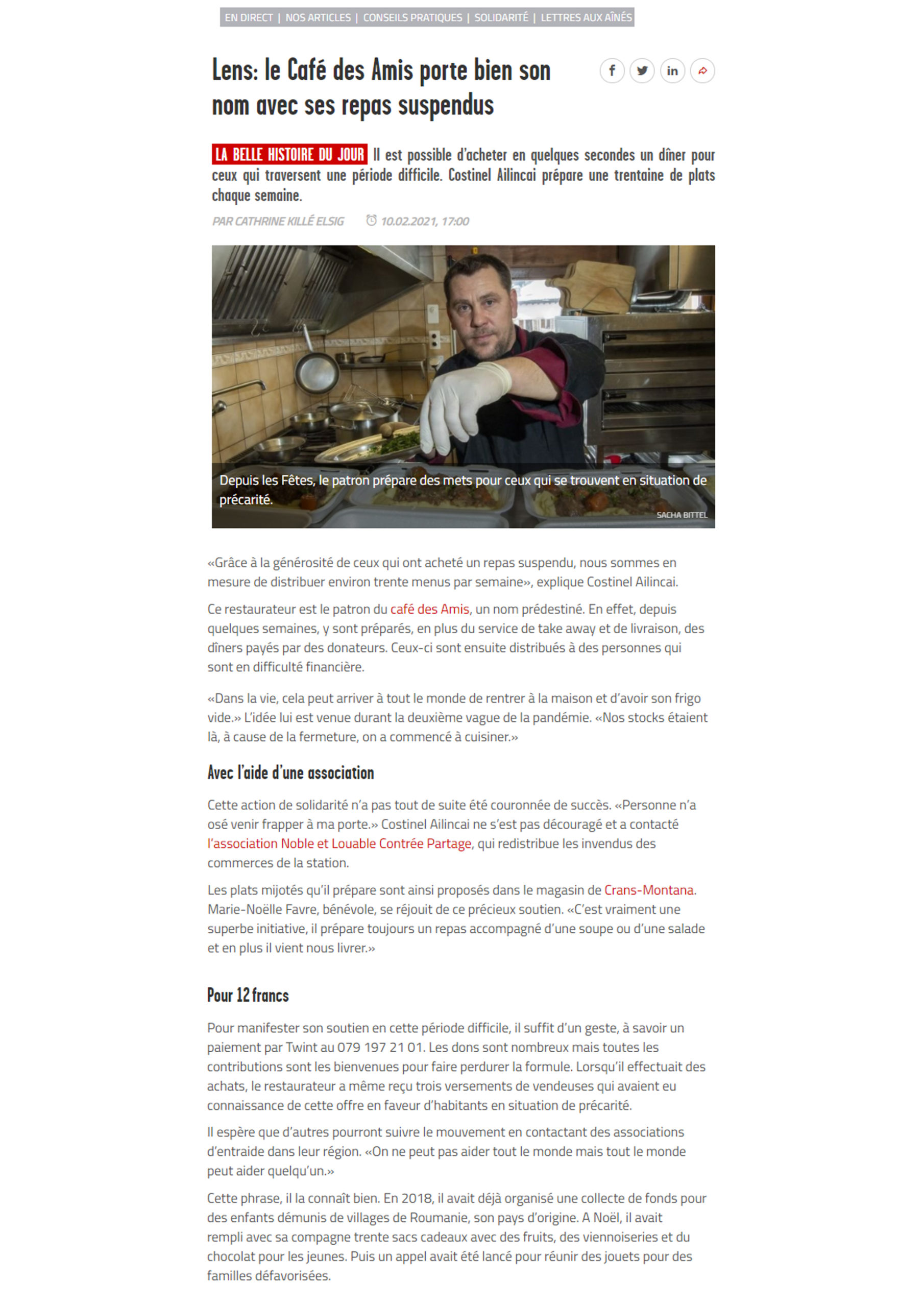 Article Le Nouvelliste — Lens: le Café des Amis porte bien son nom — 10 février 2021