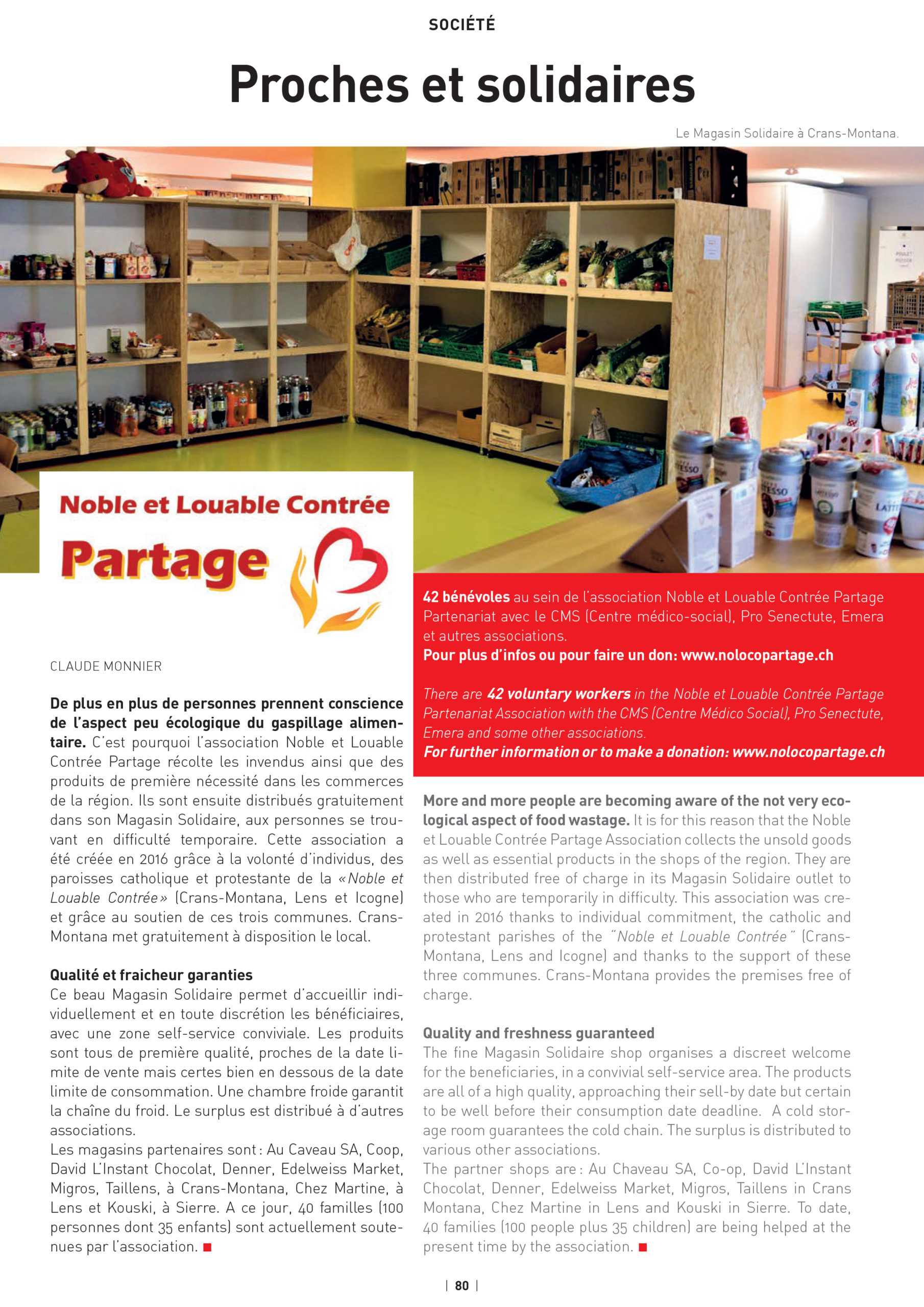 Article magazine bilingue — Proches et solidaires — Magasin Solidaire Crans-Montana
